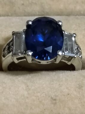 Blue Sapphire Sterling Silver Ring With HQ CZ Accents Size 6 Signed